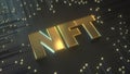 Golden NFT symbol on premium black technologic background. Conceptual 3D rendering