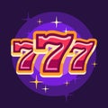 777 symbol on purple background. Casino flat illustration