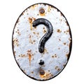 Symbol question mark made of forged metal on the background fragment of a metal surface with cracked rust. Royalty Free Stock Photo