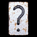 Symbol question mark made of forged metal on the background fragment of a metal surface with cracked rust. Royalty Free Stock Photo