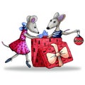 Symbol 2020 rat, mouse celebrate New Year and open gifts. Cartoon hand-drawn illustration with markers. For the design Royalty Free Stock Photo