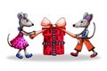 Symbol 2020 rat, mouse celebrate New Year and open gifts. Cartoon hand-drawn illustration with markers. For the design