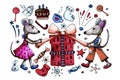 Symbol 2020 rat, mouse celebrate New Year and open gifts. Cartoon hand drawn illustration with markers. For the design Royalty Free Stock Photo