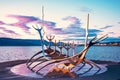 Symbol of Reykjavik, famous sculpture Sun Voyager viking ship on the seafront on harbor of Iceland`s capital Reykjavik against