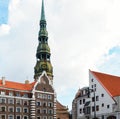 Symbol of Riga, old clock on church tower Royalty Free Stock Photo