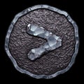 Symbol right angle bracket made of forged metal in the center of coin isolated on black background. 3d
