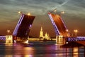Symbol of Saint-Petersburg, Russia. Summer white night. Raising of Palace bridge over river Neva. The reflection of the Royalty Free Stock Photo