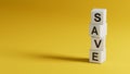 Symbol for saving or spending money. Dice form the word save while the word spend is visible in the reflection. Royalty Free Stock Photo