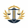 Symbol of scales of justice with laurel wreath encircling it, representing legal profession and victory, Develop a clean, Royalty Free Stock Photo