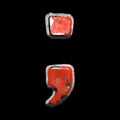 Symbol semicolon made of red painted metal isolated on black background. 3d