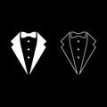 Symbol service dinner jacket bow Tuxedo concept Tux sign Butler gentleman idea Waiter suit icon set white color vector