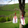 The symbol of spring white and red is a martisor in the form of a cross on a tree. Handmade folklore martenica, for good Royalty Free Stock Photo