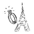 Hand drawn doodle eiffel tower. Symbol of travel in Paris eiffel tower. Concept of romantic travel eiffel tower and wedding ring