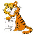 Symbol of 2022. Vector illustration with tiger in hand draw style. New Year 2022. The tiger sits and holds a scroll