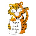 Symbol of 2022. Vector illustration with tiger in hand draw style. The tiger sits and holds a scroll