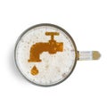 Symbol water tap with drop on the beer foam in glass isolated on white background. Top view. The concept of urination problems Royalty Free Stock Photo