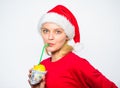 Symbol of wealth and prosperity. Source of richness. Richness symbol concept. Girl santa hat drink juice lemon wrapped