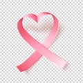 Symbol Of World Breast Cancer Awareness Month In October. Pink Ribbon Over Transparent Background. Heart Shaped. Vector