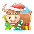 Symbol of the year, bull, decorates the Christmas tree. postcard. with the inscription in happy new year Royalty Free Stock Photo