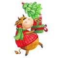 Symbol of 2021 year. Year of the bull. Funny calf with red and green gifts and a Christmas tree. Watercolor illustration isolated