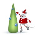 Symbol of the year. Cartoon gray mouse. Girl in a red coat, hat, socks and mittens decorates Christmas tree. Royalty Free Stock Photo