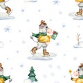 Watercolor seamless christmas pattern with symbol of the year a cute skating bull