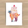 Symbol of the 2015 year, greeting card with goat. Vector watercolor background. Greeting card 2015. Happy New Year 2015. Wood text Royalty Free Stock Photo