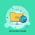 Symbol of yellow folder and globe. Concept of information sharing, directory structure, schematic organization of global