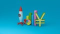 Symbol of the yen or yuan on the background of multi-colored chart columns, arrows and a rocket ready to launch. 3D rendering. Royalty Free Stock Photo