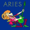 The symbol of the zodiac sign is Aries. Vector color illustration isolated on blue. Cartoon ram plays the electric guitar. Aries