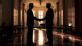 Symbolic Accord, Men in Silhouette Shake Hands inHalls of Power