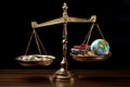 Symbolic balance Earth and currency portrayed on a two pan measuring scale