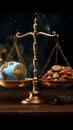 Symbolic balance Earth and currency portrayed on a two pan measuring scale Royalty Free Stock Photo