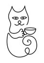 Symbolic cartoon cat with a cup of tea or coffee. Figure one line. Royalty Free Stock Photo