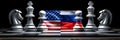 Symbolic chessboard showdown russian and american flag bearing pawns in trade war standoff