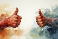 A symbolic color drawing depicting two male hands facing each other with thumbs up on a white background. Cooperation