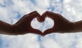 Heart Shape made of Two Human Hands in front of Cloudy Sky Royalty Free Stock Photo