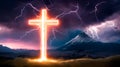 Symbolic cross over a mountain, glowing light, lightning and storm clouds Generated Image Royalty Free Stock Photo