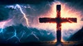 Symbolic cross over a mountain, glowing light, lightning and storm clouds Generated Image Royalty Free Stock Photo