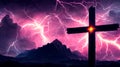 Symbolic cross over a mountain, glowing light, lightning and storm clouds Generated Image Royalty Free Stock Photo