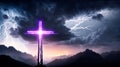 Symbolic cross over a mountain, glowing light, lightning and storm clouds Generated Image Royalty Free Stock Photo