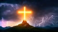 Symbolic cross over a mountain, glowing light, lightning and storm clouds Generated Image Royalty Free Stock Photo