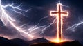 Symbolic cross over a mountain, glowing light, lightning and storm clouds Generated Image Royalty Free Stock Photo