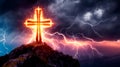 Symbolic cross over a mountain, glowing light, lightning and storm clouds Generated Image Royalty Free Stock Photo