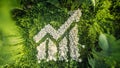 Symbolic 3D rendering of an upward arrow chart made of mushrooms on a vibrant green moss and ferns background
