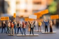 Symbolic demonstration miniature people protest with signs, hands raised Royalty Free Stock Photo