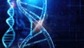 symbolic digital DNA strand glowing with flowing binary code, showcasing integration of technology and biology in futuristic