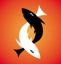 The symbolic drawing of two fish black and white on a orange background. Zodiac sign, symbol. Royalty Free Stock Photo