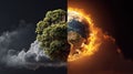 Symbolic Earth split between thriving biosphere, burning planet, climate change, environment, fire, tree, cloud Royalty Free Stock Photo
