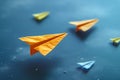 Symbolic flight side view of yellow paper airplane in front